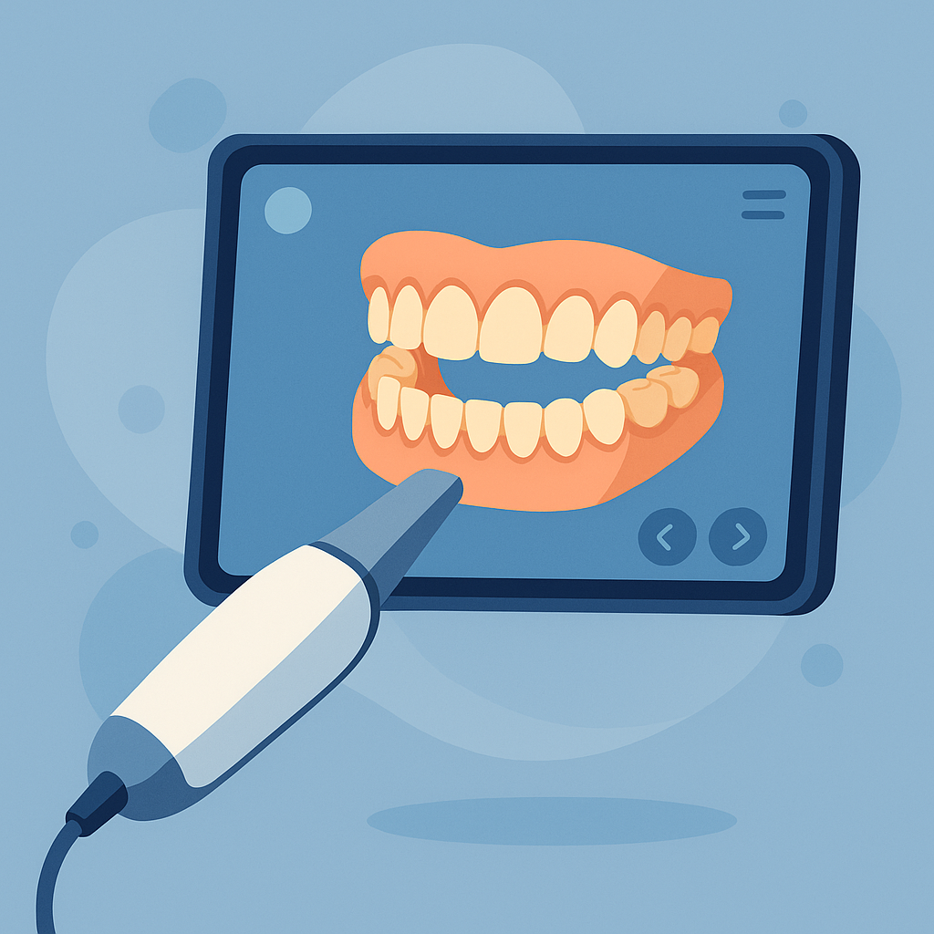 Escáner 3D mostrando simulación digital de dientes en pantalla.