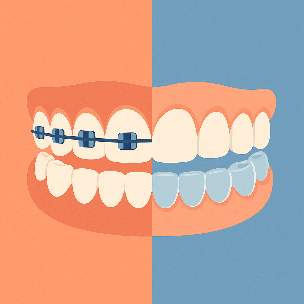 Comparación entre brackets metálicos y alineador transparente.