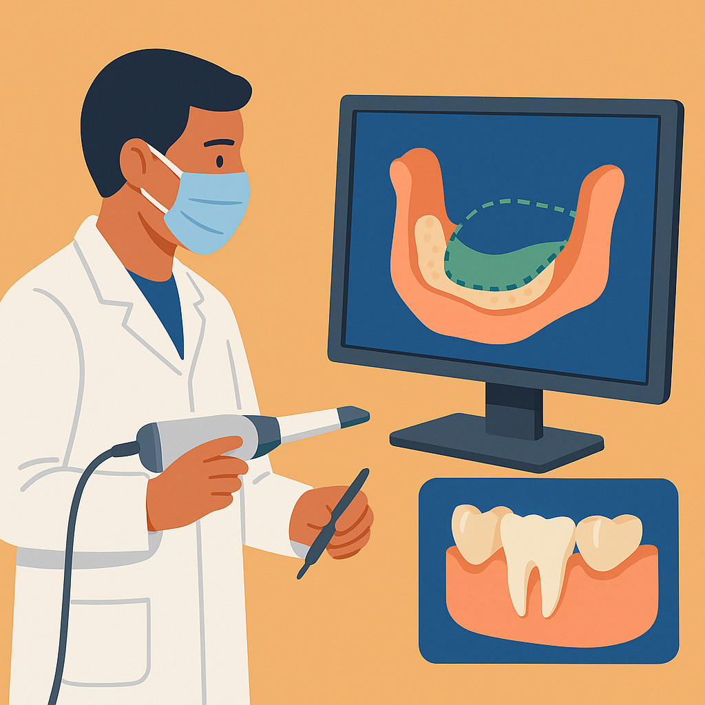 Dentista usando escáner 3D para planificar regeneración ósea.