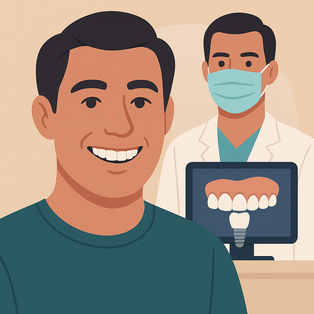 Paciente sonriente tras recibir tratamiento de regeneración ósea guiada.