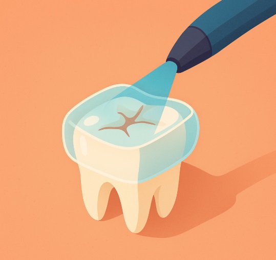 Ilustración de un molar infantil sellado con luz dental azul.