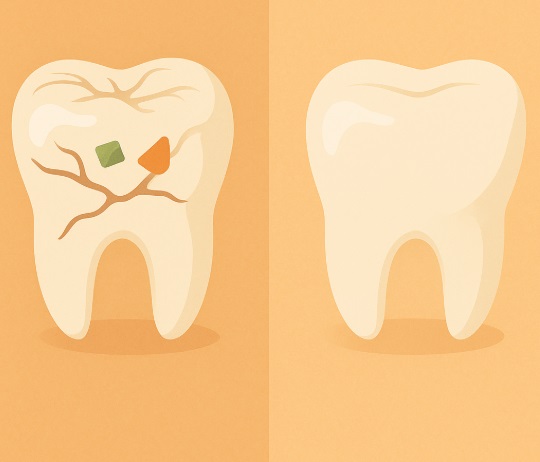 Comparación de molar con caries y molar sellado limpio y protegido.