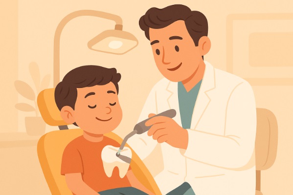 Dentista aplica sellador dental a niño en ambiente amigable.
