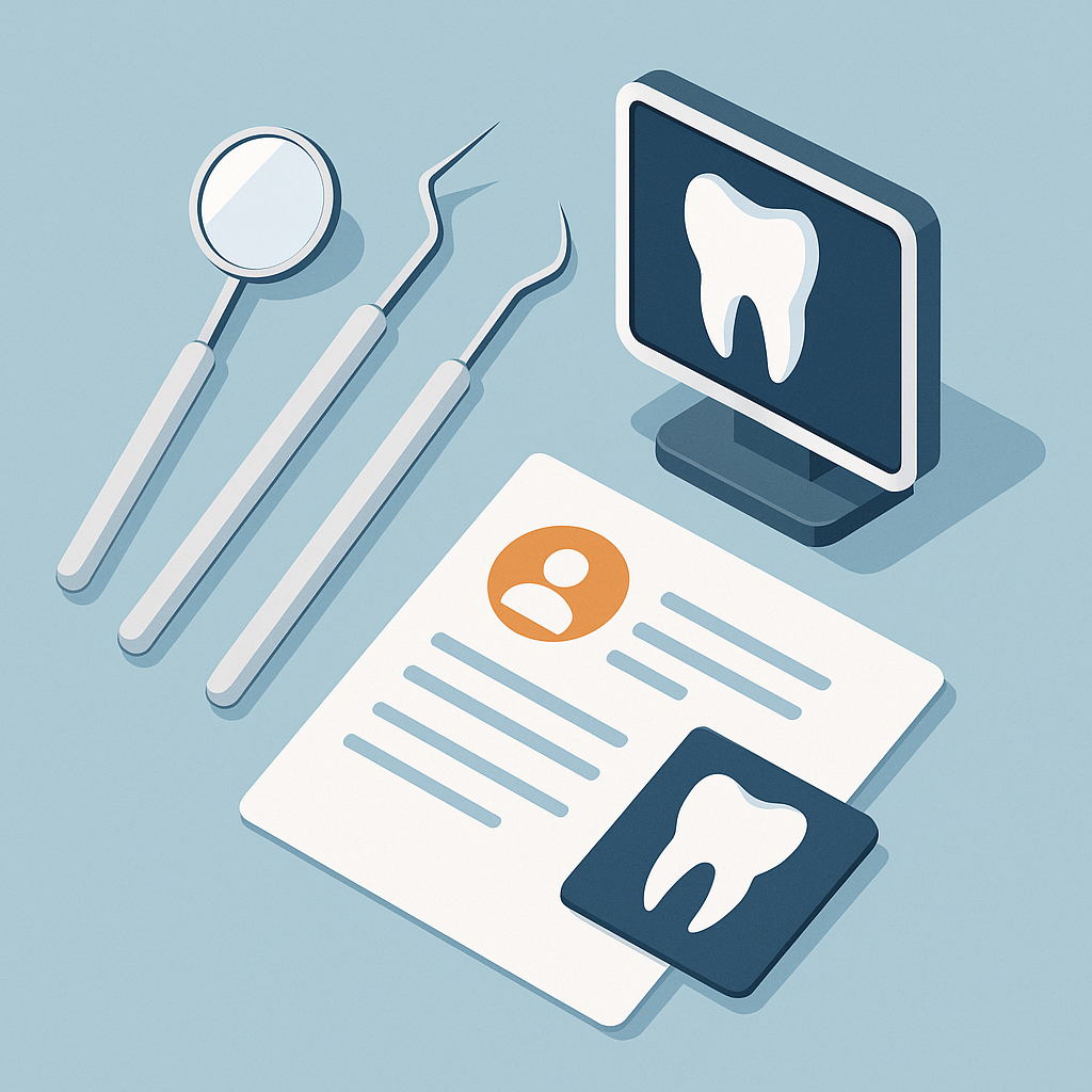 Herramientas dentales y radiografía digital listas para una revisión anual.