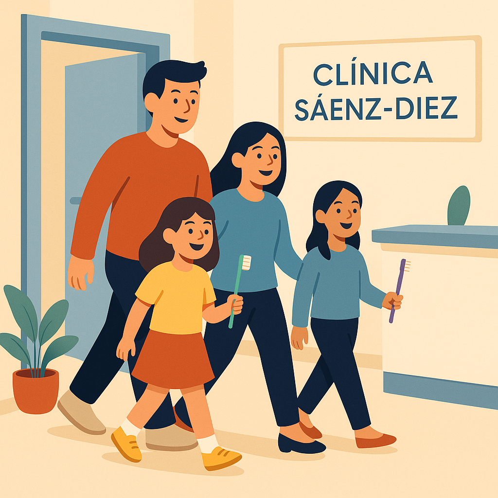 Familia entrando a una clínica dental para revisión anual en Ourense.