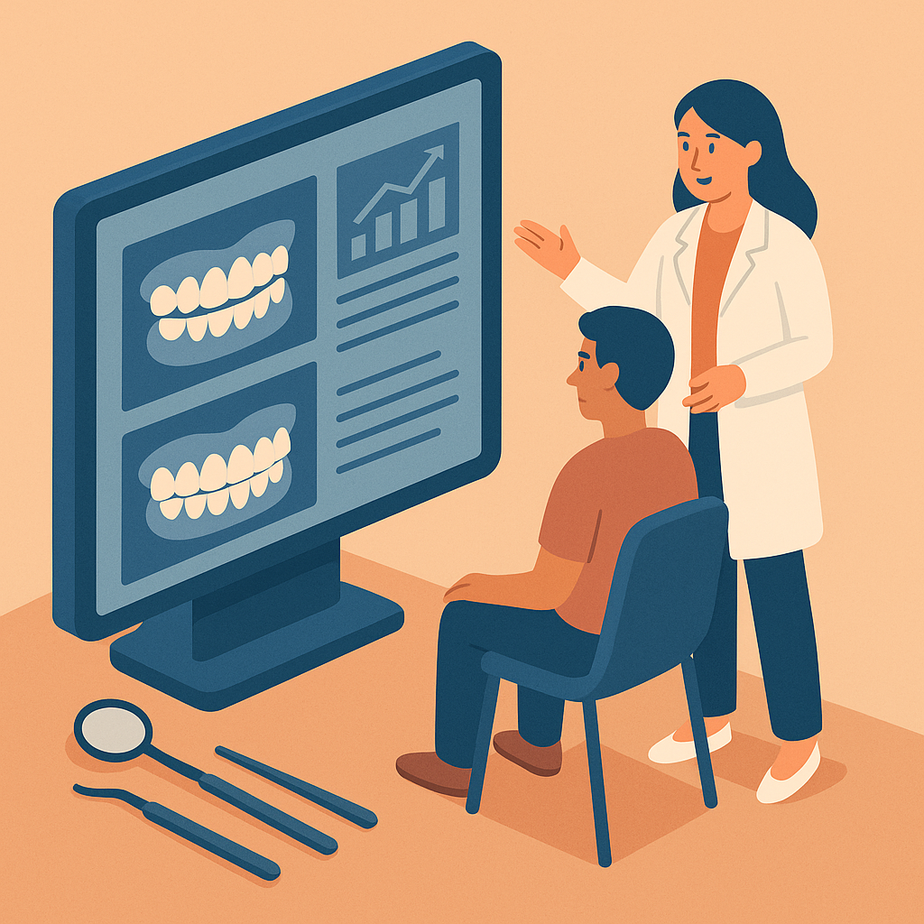 Odontóloga mostrando resultados digitales del control dental anual.