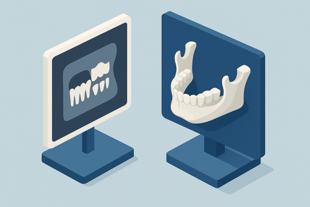 Comparación entre radiografía dental 2D y modelo tridimensional 3D