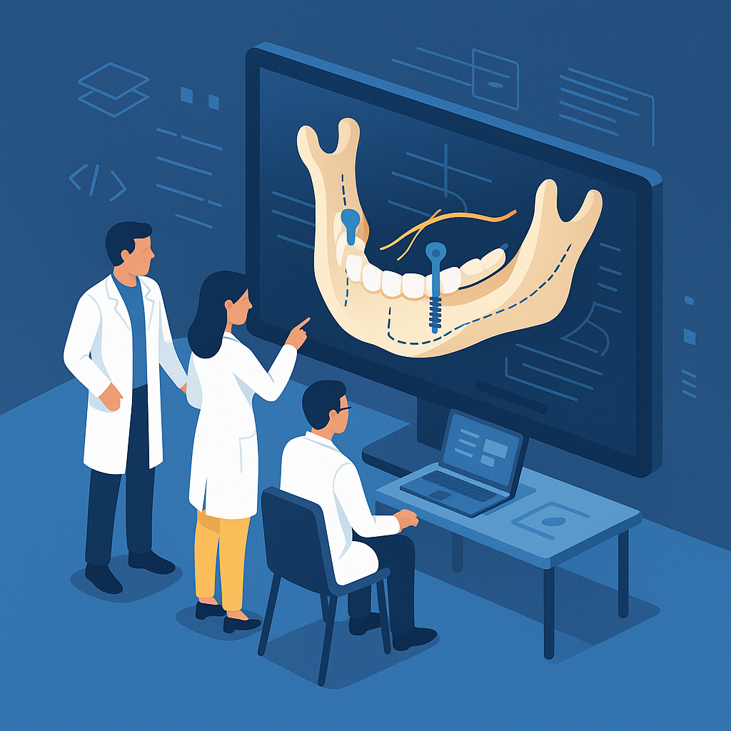 Equipo odontológico planificando implantes con modelo digital 3D en pantalla.