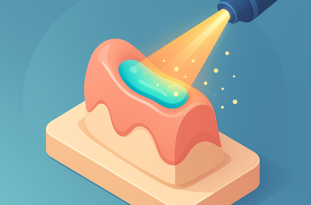 Encía tratada con luz láser suave activando gel fotosensible para eliminar bacterias.