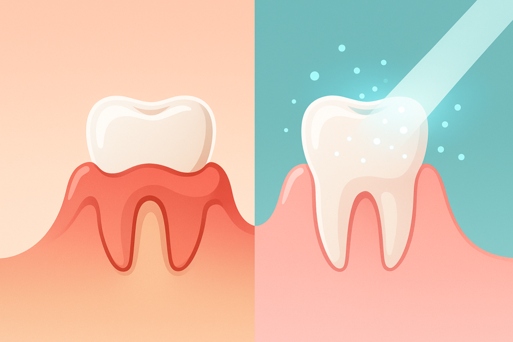 Encía inflamada junto a encía regenerada tras terapia fotodinámica.