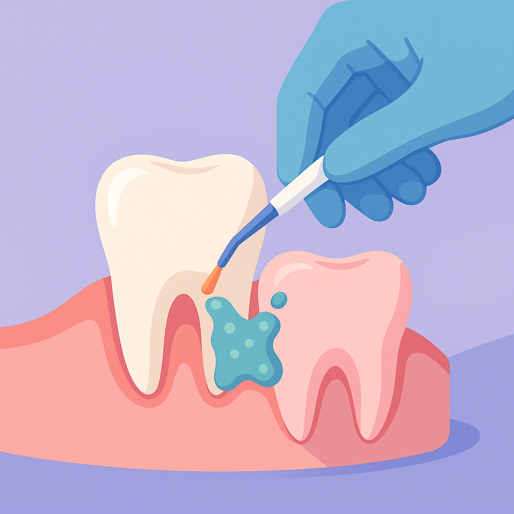 Manos aplicando gel fotosensible sobre encía antes de la activación con luz.