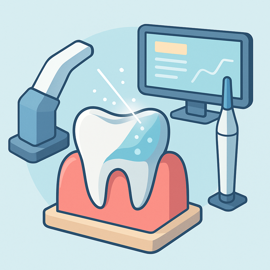 Equipos dentales modernos rodeando encía tratada representando innovación en Ourense.