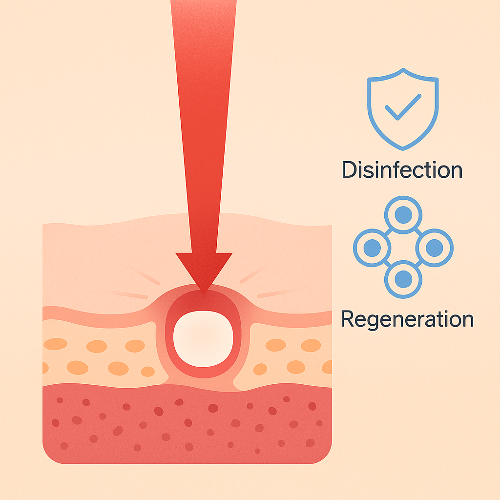 Ilustración del láser regenerando tejido afectado por afta bucal.