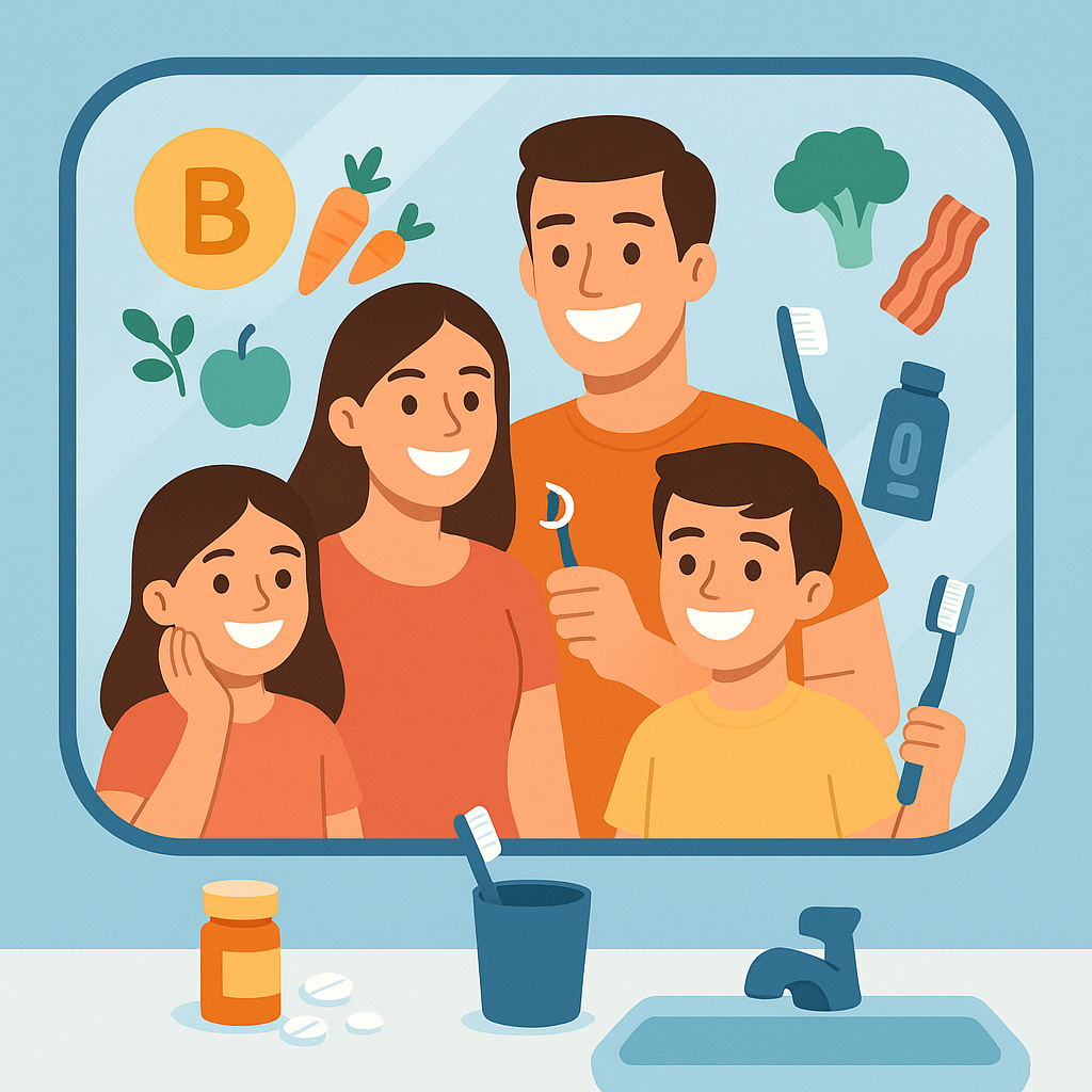 Familia con hábitos saludables que ayudan a prevenir aftas bucales.