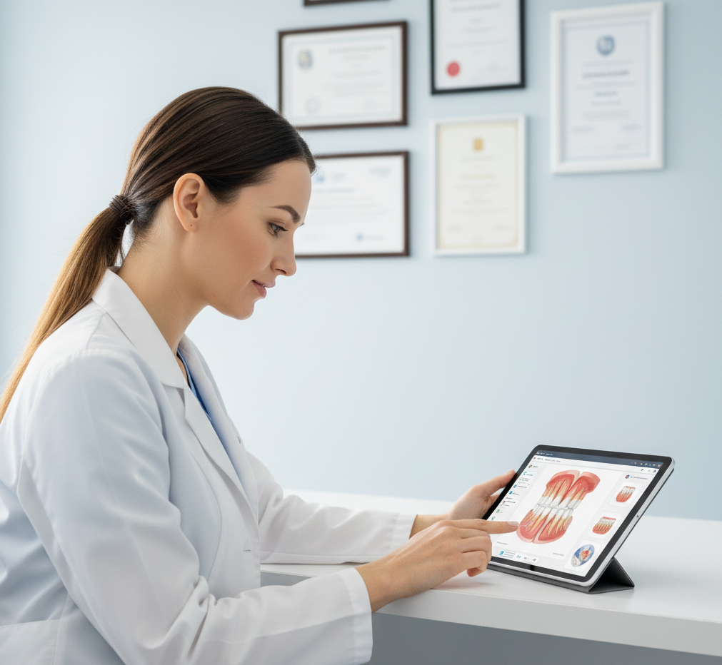 Odontóloga revisando formación continua con diplomas al fondo.