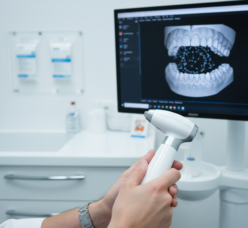 Escáner intraoral creando modelo 3D dental en clínica moderna.