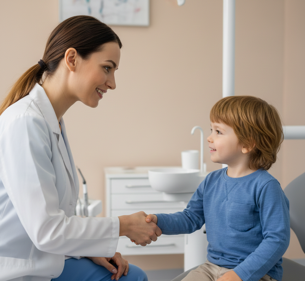 Dentista saludando al paciente transmitiendo confianza y cercanía.