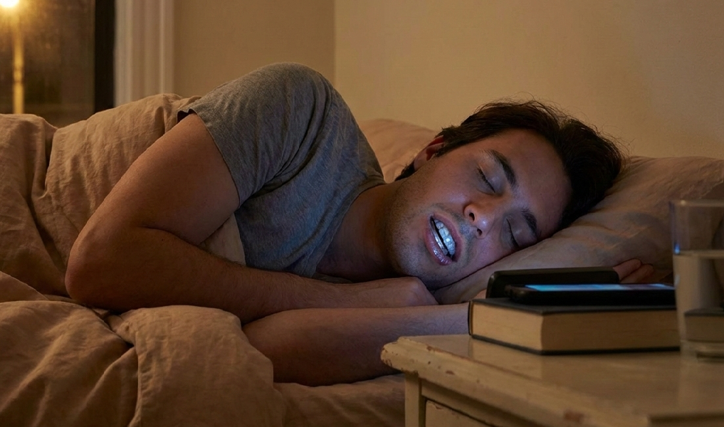 Persona durmiendo con férula dental que protege los dientes del bruxismo nocturno