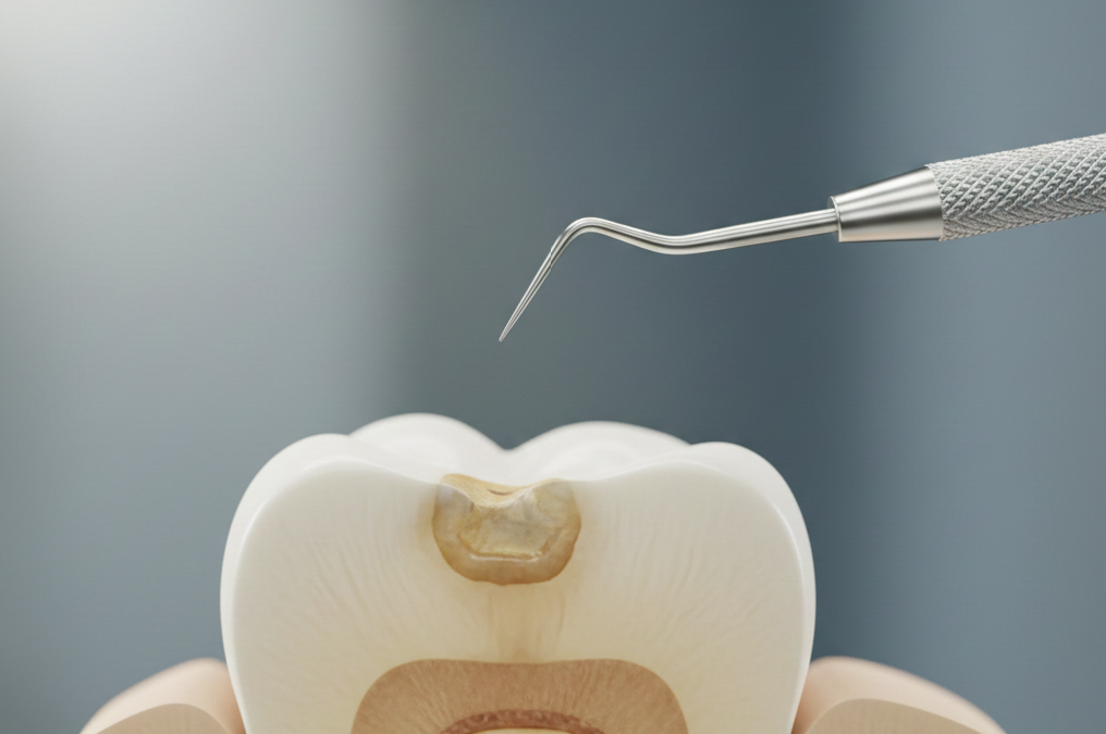 Corte de muela con lesión inicial y herramienta de precisión acercándose sin invadir el tejido sano