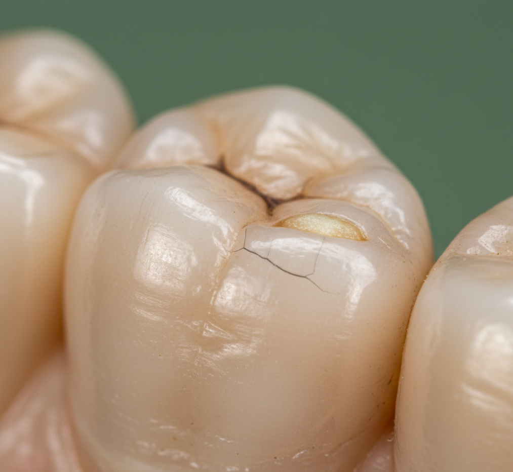 Macro de muela con empaste pequeño y reparación localizada en el margen sin sustituir toda la restauración