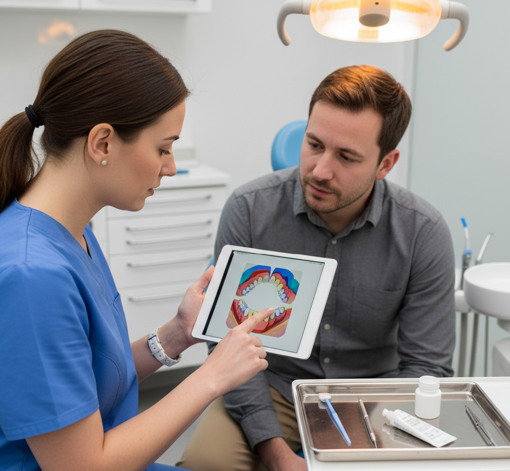Dentista y paciente revisan diagnóstico en tablet con bandeja de flúor y sellado al lado