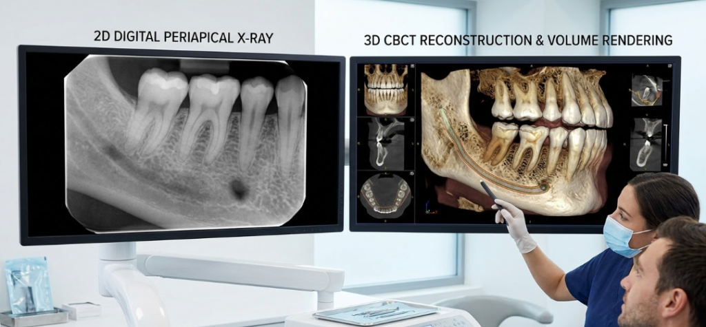 Comparación visual entre radiografía dental convencional y reconstrucción tridimensional